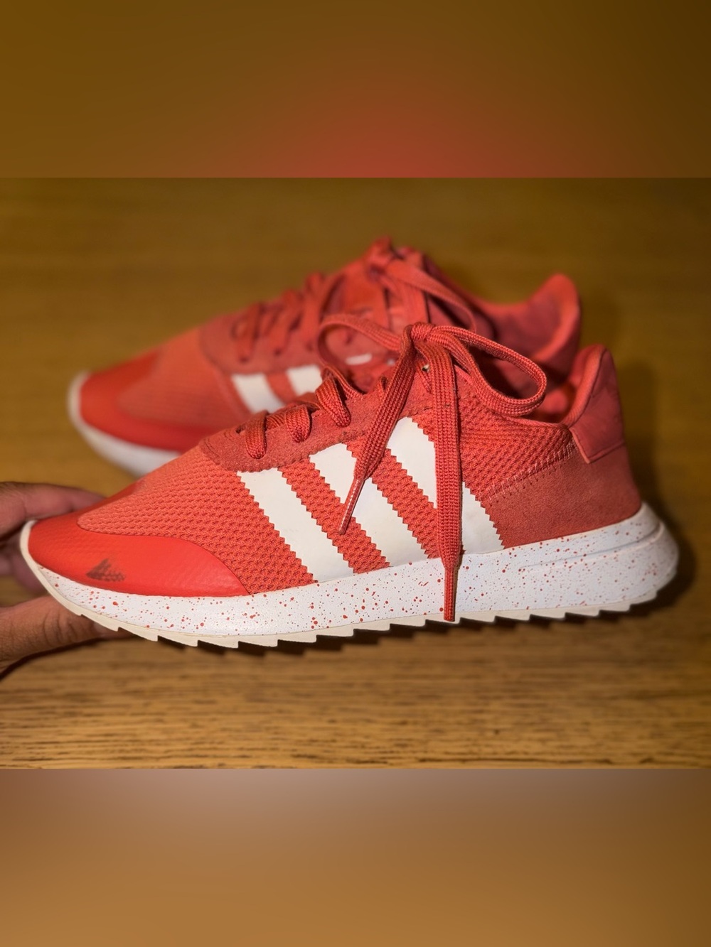 adidas Coral Red Mesh Running Sneakers with White Stripes